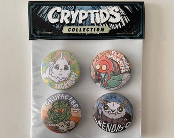 Cryptid Collection Pin Badge set, 4x32mm metal button badges, cryptozoology Kawaii legend monster beast cute fandom I believe