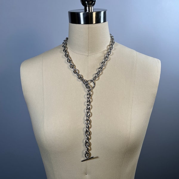 T Bar stainless steel oversized 10mm rolo cable chain choker necklace available in various sizes 14” to 36” (24” pictured) punk stacking