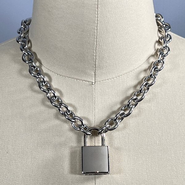 Padlock on Oversized Stainless Steel 10mm Oval Cable Chain Choker Necklace Available in various lengths 14” to 36” or custom size request