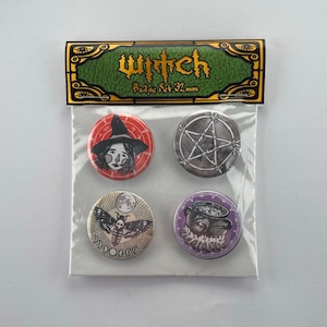 Witch / Witchcraft pin badge set, 3x32mm pin back button badges. Reprinted from original hand drawn illustrations. Themed gift, magic, spell