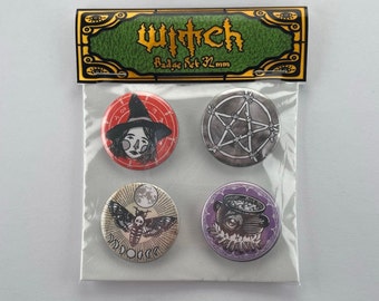 Witch / Witchcraft pin badge set, 3x32mm pin back button badges. Reprinted from original hand drawn illustrations. Themed gift, magic, spell