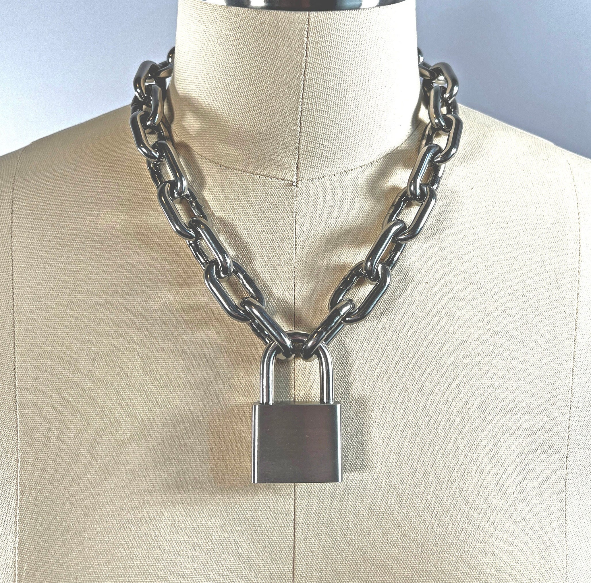 Large stainless steel padlock choker chain, heavy oversized link necklace available in approx 14-36 inch length stacking, statement, punk