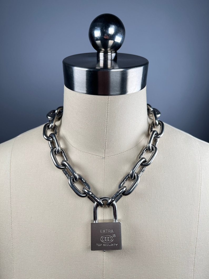 Large padlock choker stainless steel chain, heavy oversized link necklace available in approx 14-36 inch length stacking, statement, punk image 1