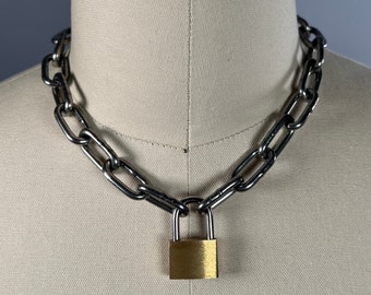 Padlock small choker stainless steel chain, Industrial short link necklace (approx. 16 inch 40cm shown) stacking, 14” to 36” or custom size