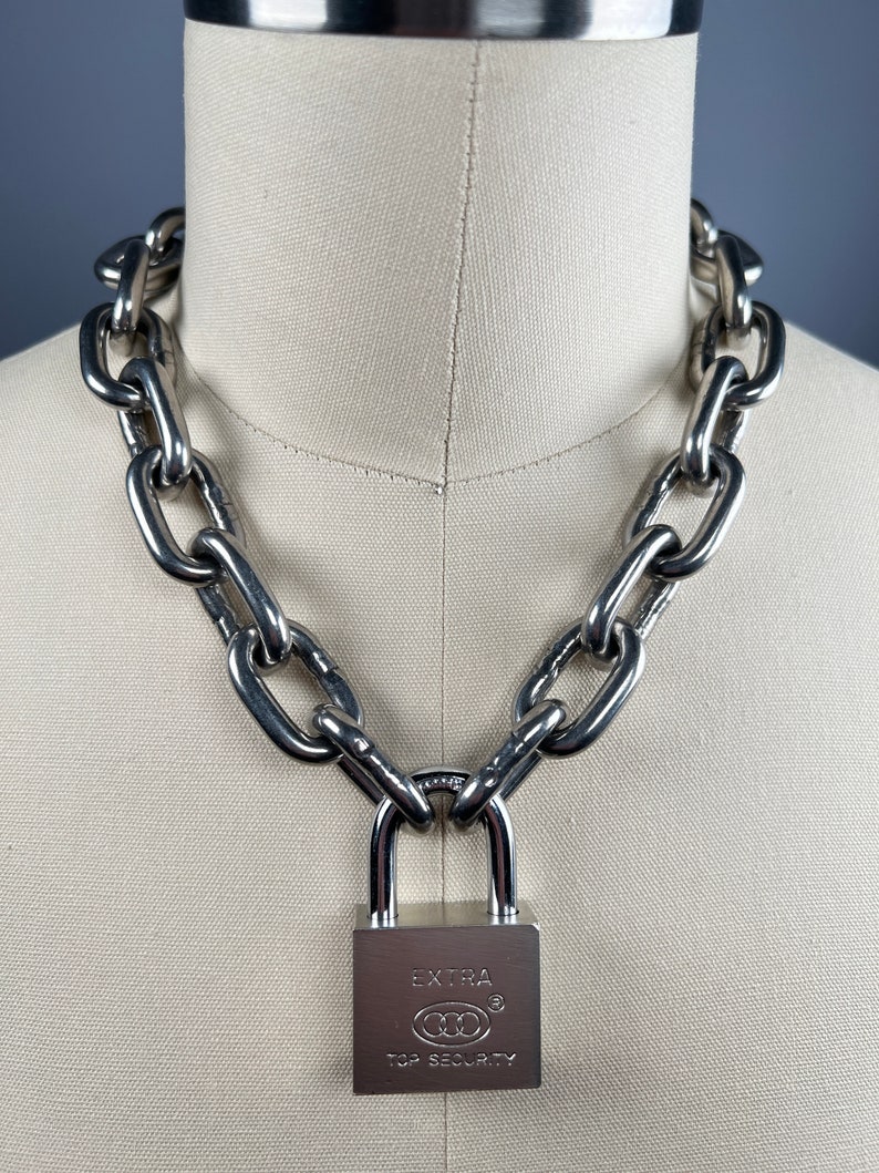 Large padlock choker stainless steel chain, heavy oversized link necklace available in approx 14-36 inch length stacking, statement, punk image 3