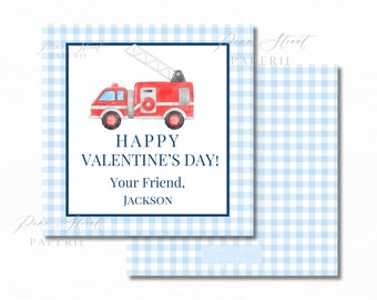 Blue Gingham FireTruck Valentine | Watercolor Valentine Tag | Watercolor Valentine Gift Tag, Gingham Digital Download Valentine Tag