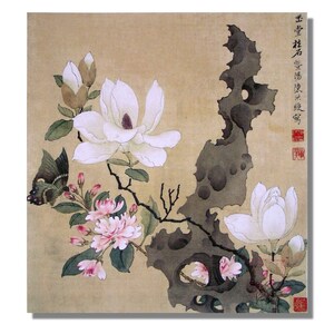 Magnolia Art Print, Digital Download Square Format, White Pink Flowers, Oriental Chinese Wall Art
