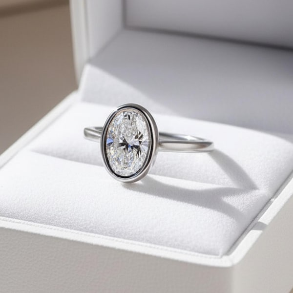 Bezel Set Solitaire Ring, 2.55TCW Oval Moissanite Diamond Wedding Ring, Engagement Proposal Ring, 14K White Gold Classic Ring, Birthday Gift