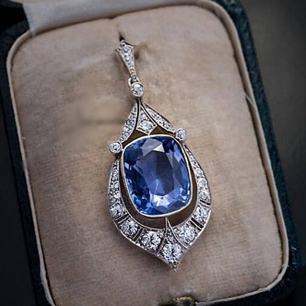 Gorgeous Sapphire Art Deco Pendant, Circa 1930's Victorian Pendant Necklace, Blue Cushion CZ Stone Vintage Style Pendant, Gemstone Pendant
