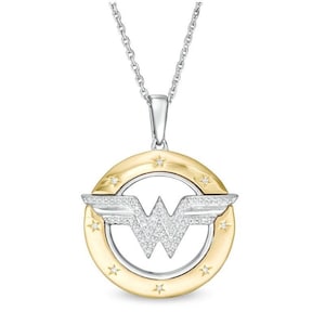Two Tone Pendant, Mother&#39;s Day Gift, Women&#39;s Day Pendant Necklace, Round Moissanite Diamond WONDER WOMEN Inspire Necklace, Wedding Gift