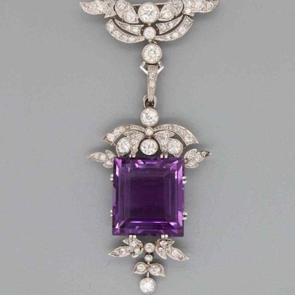 Square Amethyst & Diamond Victorian Pendant/Brooch, Art Deco Vintage Brooch/Pendant, Unique Two In One Jewelry, Party Wear Pendant/Brooch