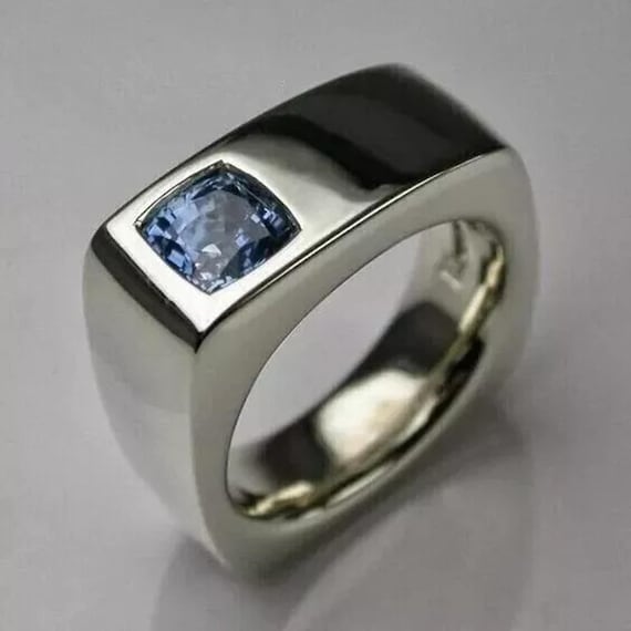 Flush Set Solitaire Ring, Blue Sapphire Cushion Cut CZ Stone Men's