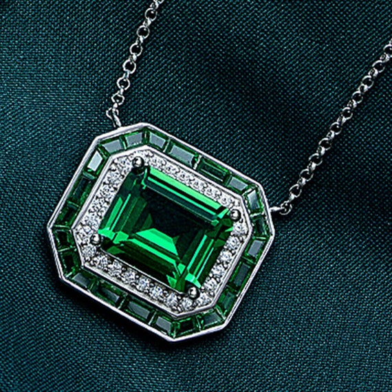 Green Emerald & Baguette CZ Stone Pendant Necklace, Gemstone