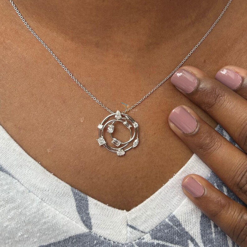 Lab Grown Multi Circle Pendant, 14K White Gold Pendant, Mixed Shape
