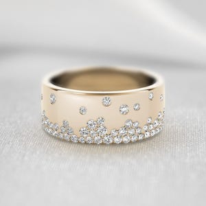 Round Moissanite Diamond Flush Set Band, 14K Yellow Gold Wedding Band, Cigar Band Ring, Engagement Band, Wide Band Ring, Mother's Day Gift