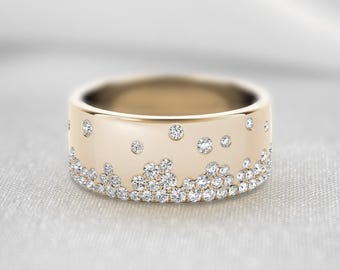 Round Moissanite Diamond Flush Set Band, 14K Yellow Gold Wedding Band, Cigar Band Ring, Engagement Band, Wide Band Ring, Mother&#39;s Day Gift
