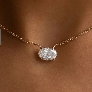 Horizontal Oval Moissanite Diamond Necklace, 14K Yellow Gold Necklace, Solitaire Pendant Necklace, East West Pendant, Daily Wear Necklace