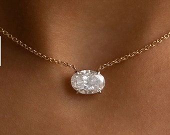 Collana con diamanti moissanite ovali orizzontali, collana in oro giallo 14 carati, collana con ciondolo solitario, ciondolo East West, collana da indossare tutti i giorni