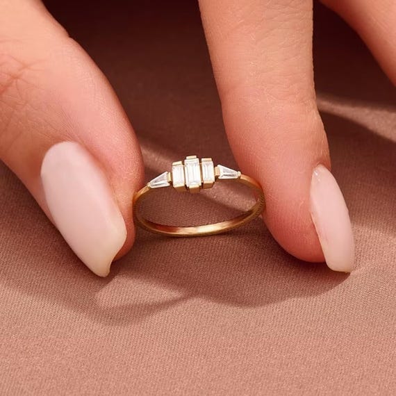 Delicate Five Stone Ring, Baguette Cut Moissanite Diamond Engagement Ring, Minimalist Ring, Woman's Daily Wear Ring, Promise Ring For Her