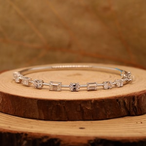 Minimalist Bangle Bracelet, Emerald & Oval Moissanite Bangle Bracelet, Multi Shaped Moissanite Bangle Bracelet, Mother's Day Gift For Her