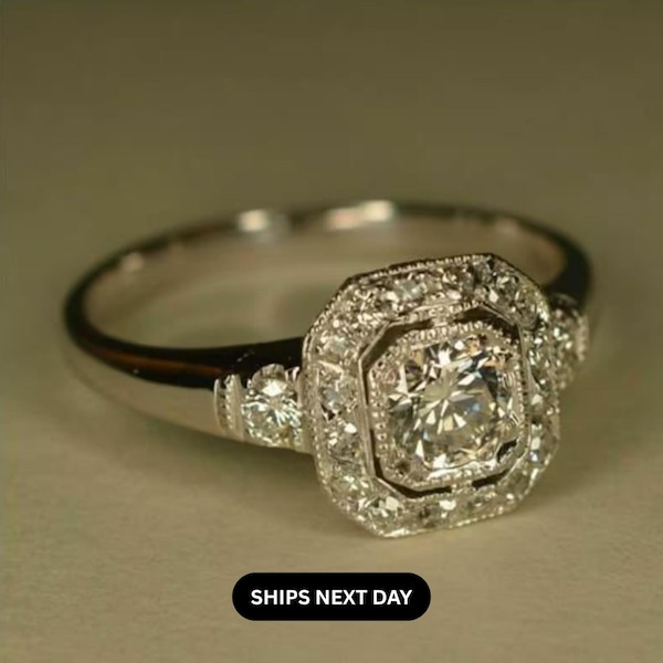 Octagon Shape Halo Ring, Round Moissanite Diamond Vintage Inspire Ring, Art Deco Milgrain Ring, 925 Silver Engagement Ring, Wedding Ring