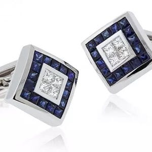 Men&#39;s Sapphire Cufflink, White & Blue Princess Cut CZ Stone Shirt Cufflink, White Gold Gemstone Cufflink, Wedding Anniversary Gift For Him