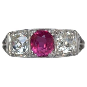 Ruby Oval & Old Mine Cut CZ Stone Art Deco Ring, Three Stone Vintage Inspired Ring, Antique Style Gemstone Ring, Edwardian Wedding Ring