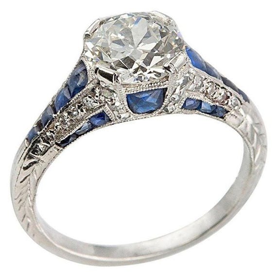 Edwardian Style Blue Sapphire & White CZ Stone Ring, Old European Cut CZ Stone Art Deco Ring, Women's Engagement Wedding Ring, Milgrain Ring