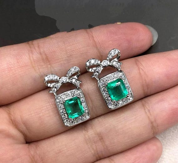 Stud With Dangle Earring, Green Emerald Cut CZ Stone Ribbon Bow
