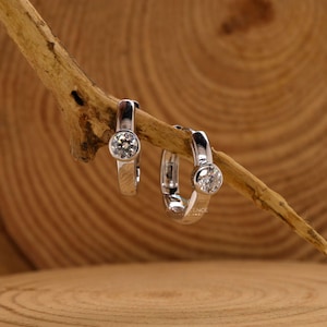 Bezel Set Solitaire Huggie Earrings, Classic Daily Wear Earrings, Round Moissanite Diamond Huggie Hoop Earrings, Wedding Engagement Earrings