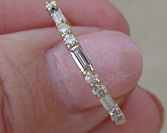 Round & Baguette Moissanite Diamond Eternity Band, Minimalist Wedding Band, 14K Gold Engagement Anniversary Gift Band, Stackable Band