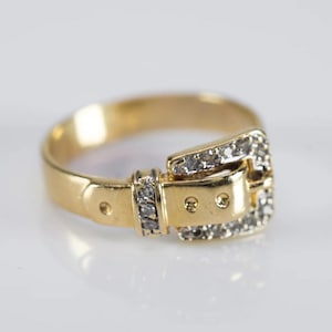 Yellow Gold Buckle Ring, Antique Belt Style Ring, Unique Statement Ring, Round Moissanite Diamond Wedding Ring, Fashion Jewelry Gift For Her