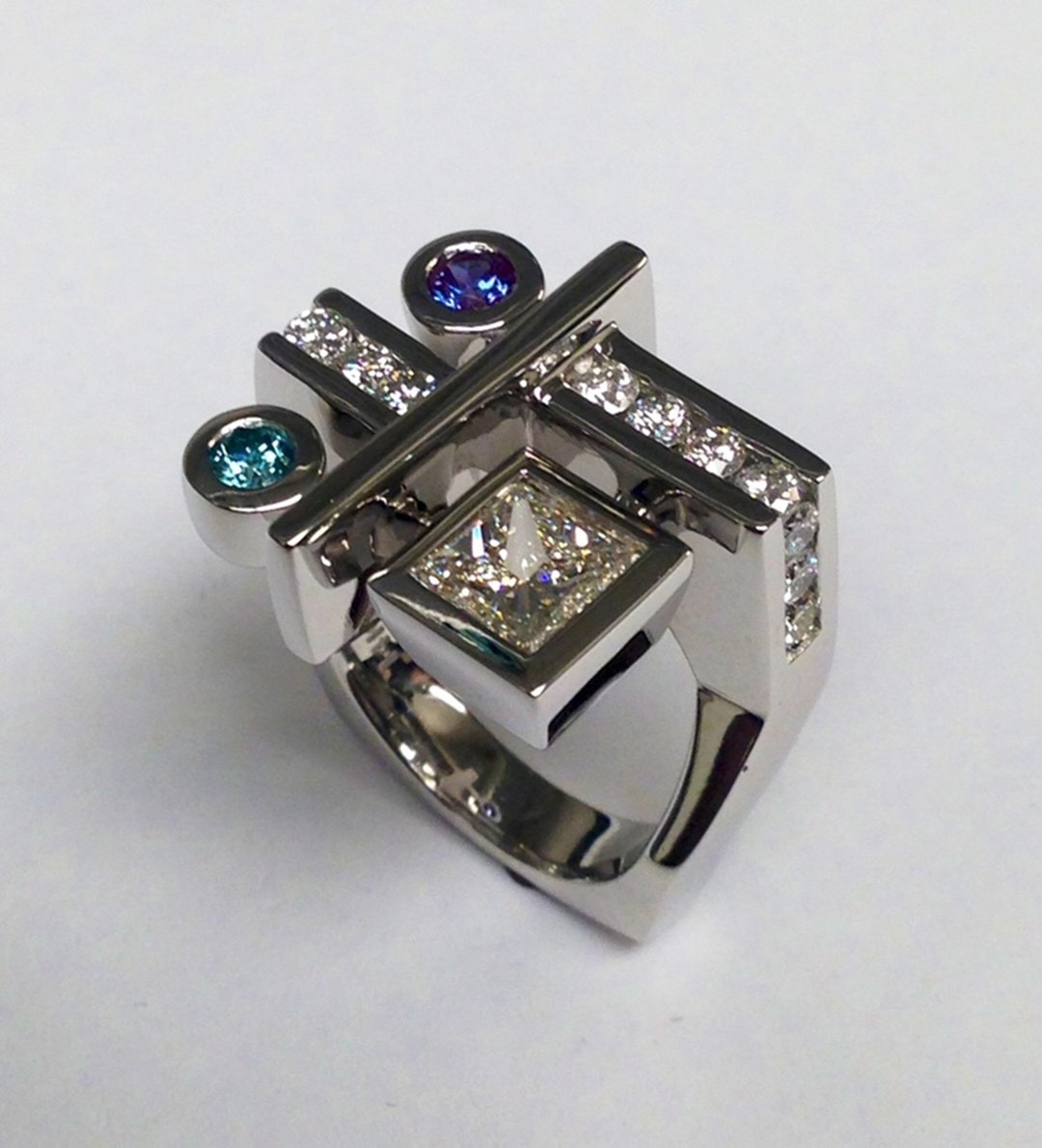 Multi Color Stone Geometric Ring, Princess and Round CZ Stone ...