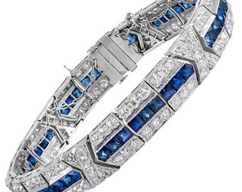 1920s Edwardian Style Bracelet For Women, Antique Sapphire Art Deco Bracelet, Blue Baguette & Round CZ Stone Tennis Bracelet, Wedding Gift