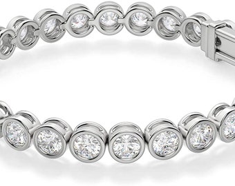 Bezel Set Classic Bracelet For Women, Round Cut Moissanite Diamond Tennis Bracelet, Anniversary Gift For Wife, Wedding Engagement Bracelet