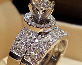 Round & Princess Cut CZ Diamond Ring, Halo Wedding Ring Set, Channel Set Ring Set, Three Row Ring Set, Long Prong Set Engagement Ring Set