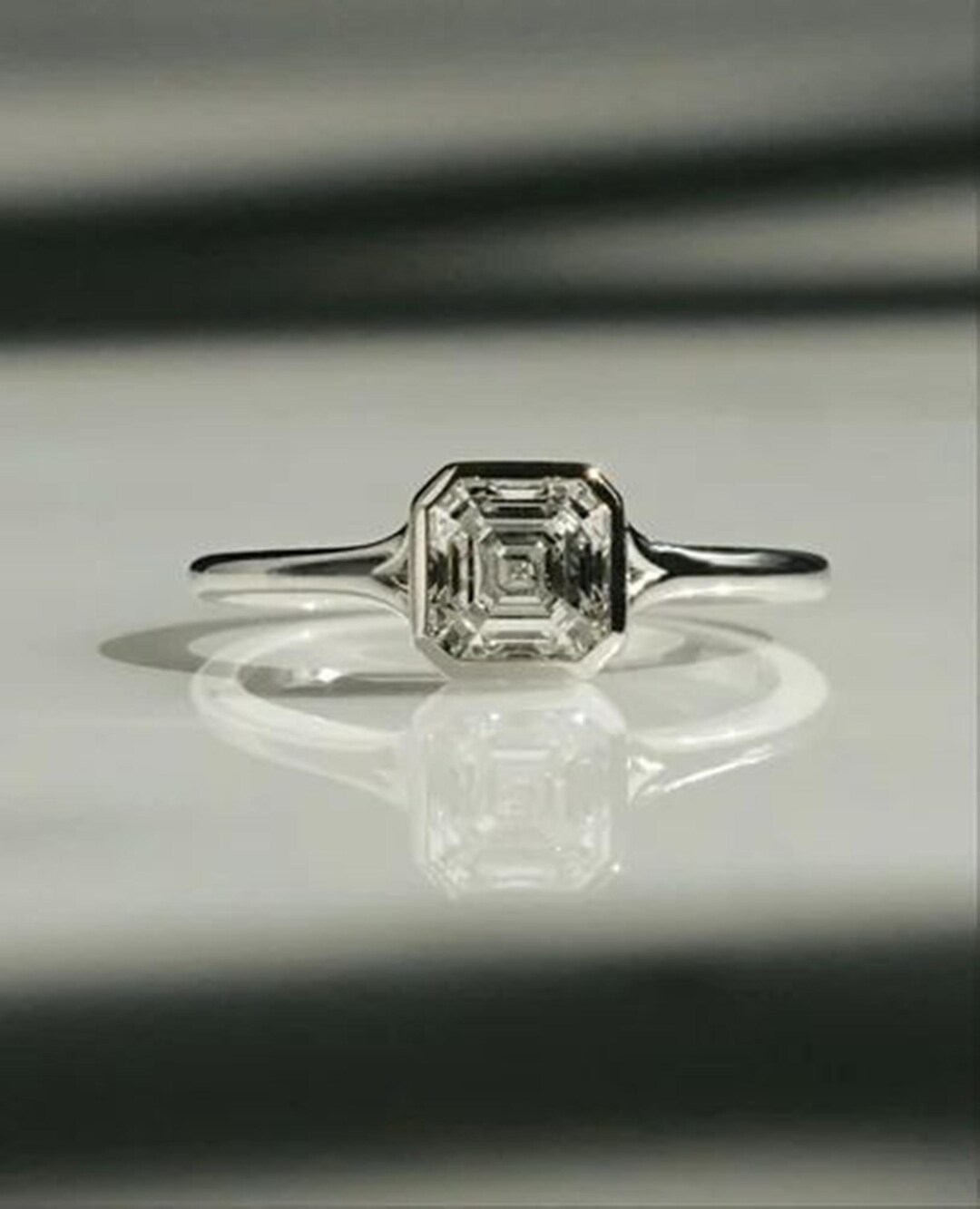 Asscher Cut Moissanite Diamond Solitaire Ring, Bezel Set Split Shank ...