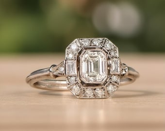 Emerald Cut Moissanite Diamond Art Deco Ring, Milgrain Bezel Set Halo Ring, Vintage Inspire Engagement Ring, 10K Gold Wedding Bridal Ring