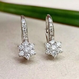 Floral Inspire Drop Earring, 1.15TCW Round Moissanite Diamond Dangle Earring, Cluster Set Dangle Drop Earring, Women&#39;s Daily Wear Earring