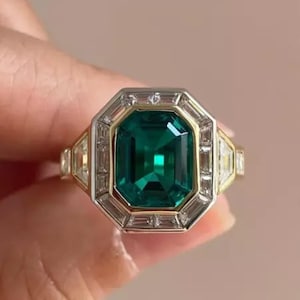 Two Tone Gold Five Stone Ring, Green Emerald & Baguette Cut CZ Stone Engagement Ring, Halo Wedding Bridal Ring, Bezel Set Gemstone Ring
