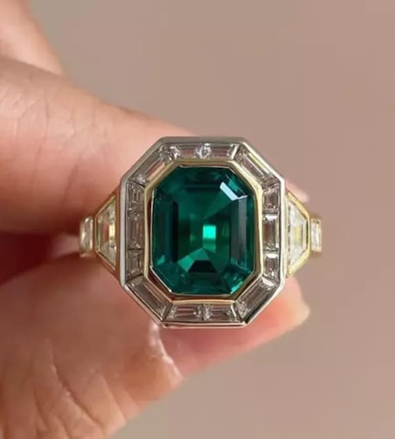 925 Silver Five Stone Ring, Green Emerald & Baguette Cut CZ Stone Engagement Ring, Halo Wedding Bridal Ring, Bezel Set Gemstone Ring