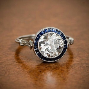 Sapphire Halo Victorian Ring, Milgrain Bezel Set Ring, Old European Cut CZ Stone Vintage Inspire Ring, Art Deco Engagement Wedding Ring