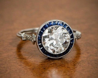 Sapphire Halo Victorian Ring, Milgrain Bezel Set Ring, Old European Cut CZ Stone Vintage Inspire Ring, Art Deco Engagement Wedding Ring