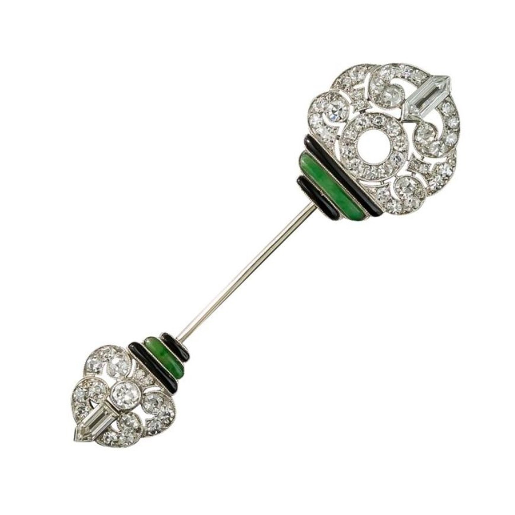 Circa 1920s Mid-century Jabot Pin Brooch, Round & Baguette