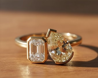 14K Gold Toi Et Moi Ring, Two Stone Engagement Ring, You And Me Ring For Love, Pear & Emerald Cut CZ Stone Wedding Ring, Valentine's Gift