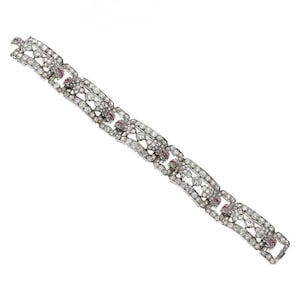 Circa 1930s Art Deco Bracelet, 925 Silver Vintage Style Bracelet, Interlocking Geometric Link Bracelet,Pink & White CZ Stone Tennis Bracelet