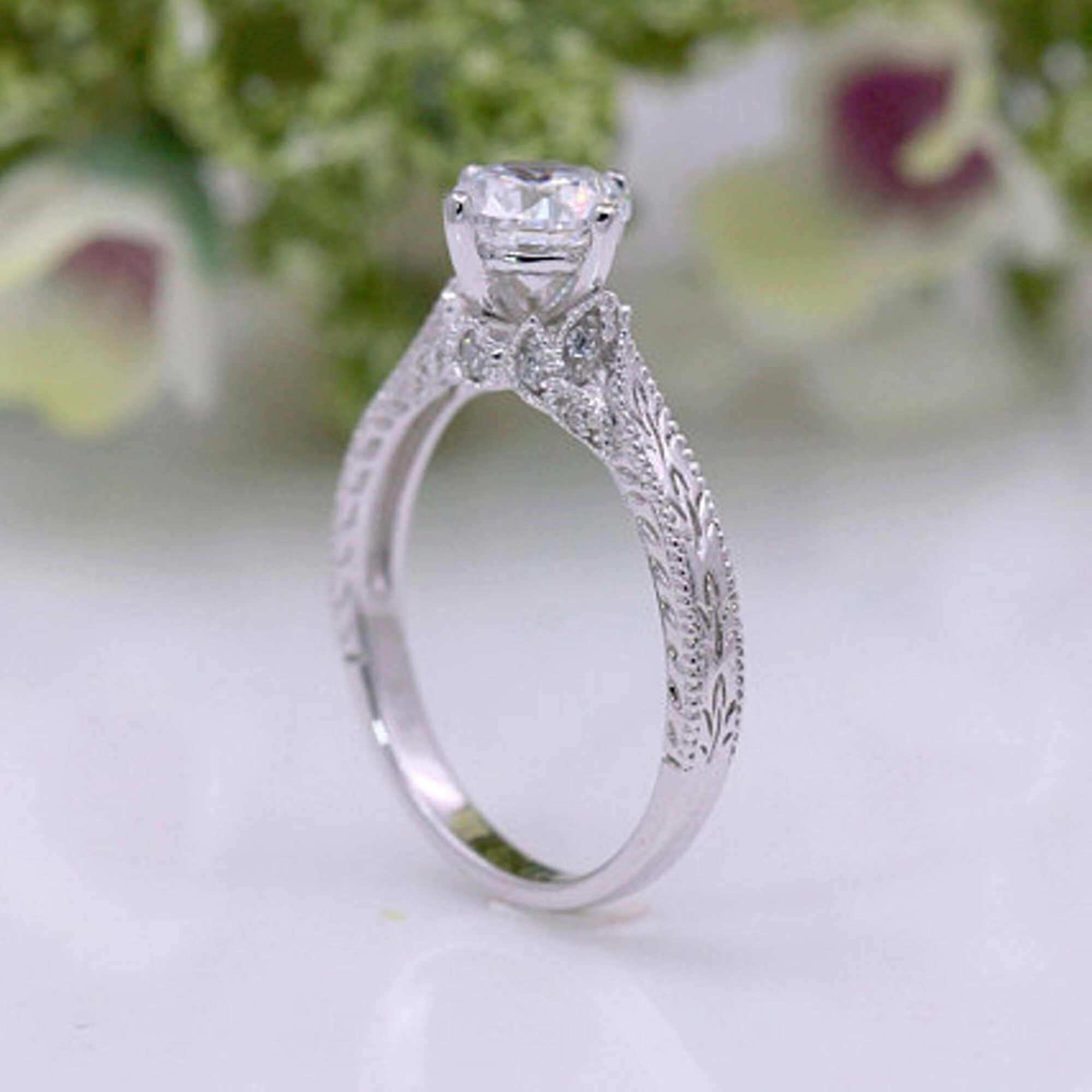 Round Moissanite Diamond Milgrain Leaf Inspire Ring, Hand Engraving Shank Art Deco Ring, Minimalist Evy Ring,Wedding Engagement Ring For Her