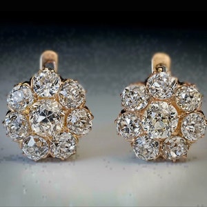 Old European Cut Moissanite Diamond Cluster Drop Earring, Vintage Style Floral Stud Earring, Wedding Gift For Her, Drop Dangle Stud Earrings