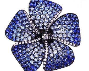 Sapphire Floral Diamond Brooch, Women's Flower Inspired Brooch, Office Wear Brooch, Wedding Brooch, Party Wear Brooch, Silver Or Gold Brooch