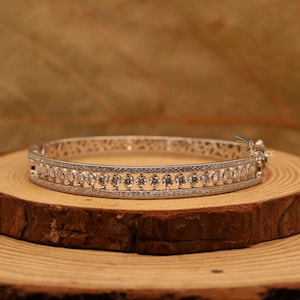 Three Row Diamond Bracelet, Round Cut Moissanite Diamond Bangle Bracelet For Engagement, Party Wear Bangle Bracelet, Statement Bracelet